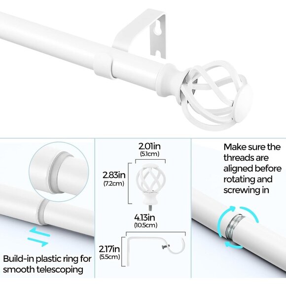 White Curtain Rods for Windows 18-45 Inch With Twisted Cage Finials Adjustabl... - Picture 7 of 9